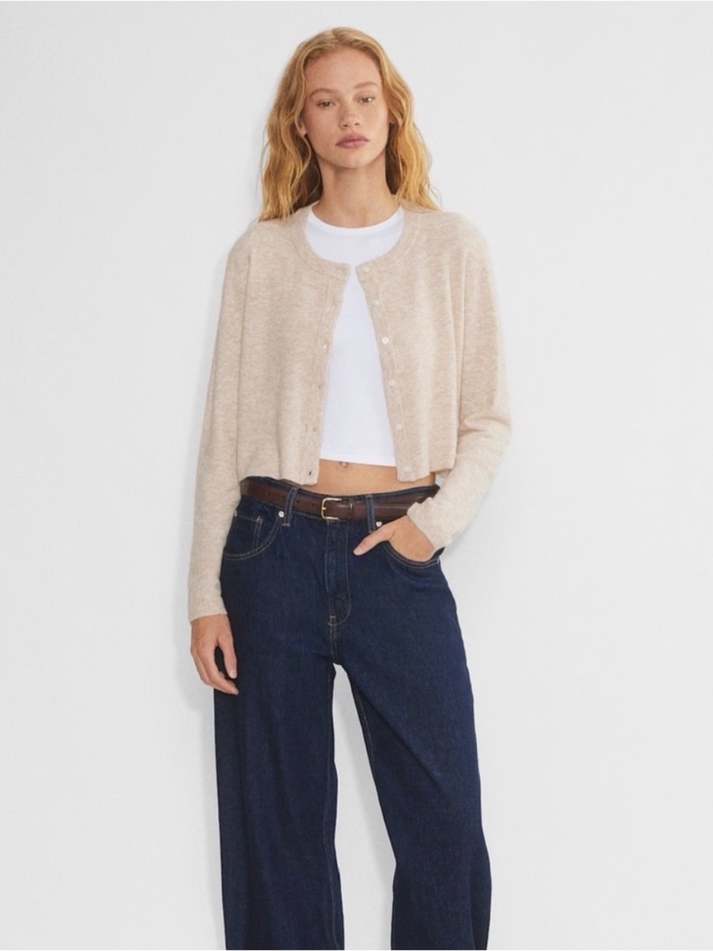 Wilfred Aritzia Heather Beige Wool Cashmere Blend Cropped Crewneck Cardigan Size